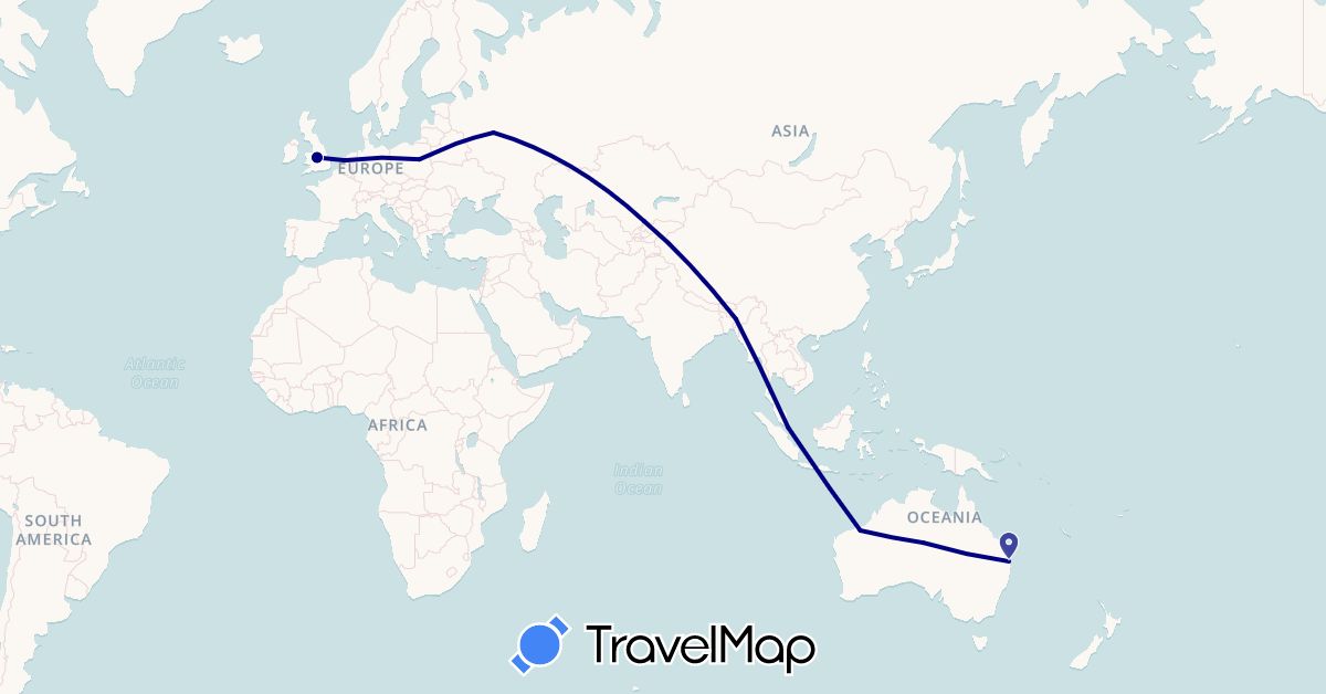 TravelMap itinerary: driving in Australia, Bangladesh, United Kingdom, Kazakhstan, Malaysia, Netherlands, Poland, Russia (Asia, Europe, Oceania)